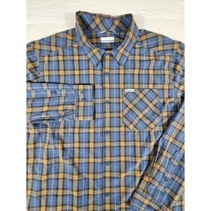 Columbia Mens XL Blue Tan Plaid Long Sleeve Button Up Shirt XO1446 Stretch